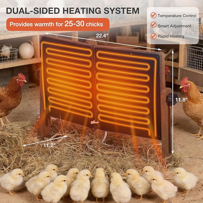 Chicken Coop Heater with Temperature Control, 200W Chick Heater with Adjustable Temp (70-190℉) for Winter, 2 Heating Plates, Foldable Large Size Coop Heater (Brown)