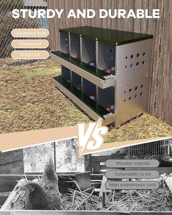 PioneerWorks Wall-Mountable Rollaway Chicken Nesting Box, 8-Compartment Metal Hen Nest Box with Roll-Out Egg Collection, Weatherproof & Ventilated Design for Chicken Coops, Green