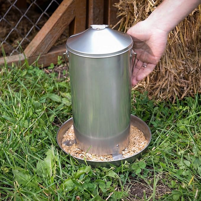 Plexon 8.8 Lb Stainless Steel Hanging Chicken Feeder no Waste Food-Grade - Duck Turkey Poultry Feeder for Chicken Metal - Heavy Duty Reliable Long-Lasting with Handle