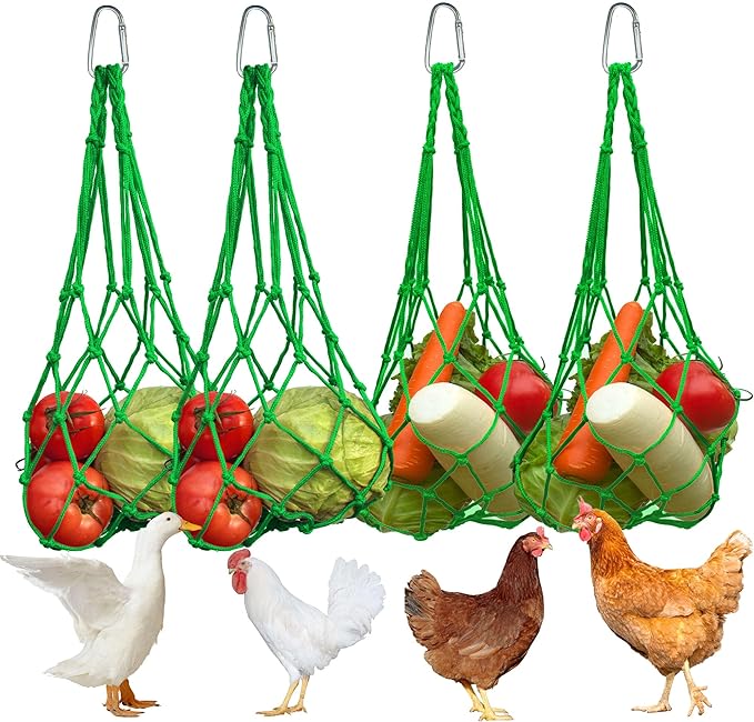 Chicken Vegetable Fruit Hanging Feeder 4Pcs, Reusable String Bag with Hook for Chicken Coop Toys, Poultry Feeding Tool for Hens,Duck,Goose(Green)