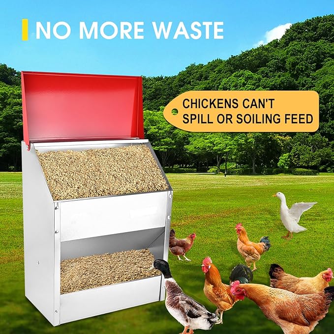 shengyi 11.5-55lbs Galvanized Chicken Feeder - Rat Proof Poultry Feeder with Lid Weatherproof Outdoor Coop Food Dispenser (50lbs 13.8x8.3x24.8in)