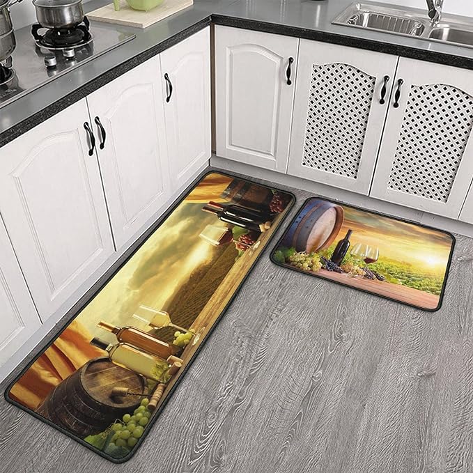 Roszwtit Wine Kitchen Rugs and Mats Set of 2, Farmhouse Red Wine Non-Slip Backing Kitchen Rug, Kitchen Sets Low-Profile Washable Floor Mat for Home Kitchen Decor - 17x29 and 17x47 Inch