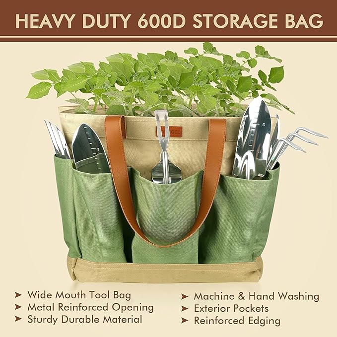 YAUNGEL Gardening Tools Set of 10 Heavy Duty Gardening Hand Tools Stainless Steel Garden Tools with Wooden Handle, Storage Garden Bag, Gardening Gifts for Women and Men