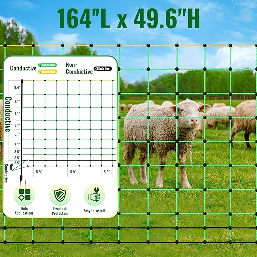 164'L x 49.6" H Electric Fence Netting, Electric Poultry Fence with 16 Posts 2 Spikes for Goats, Hogs and Cattle, Anti-Predator Electric Fencing, Movable Livestock Electrical Net in Farms and Ranches