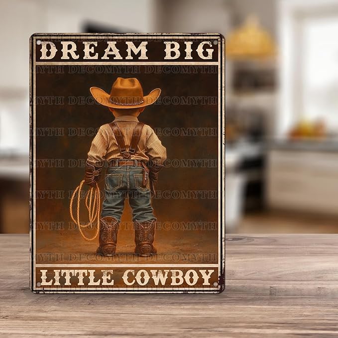 Vintage Boy Tin Sign Dream Big Little Cowboy Retro Wall Decor Garden Plaque Funny Metal Poster Kitchen Store Cafe Toilet Bathroom Bar Pubs Boys room Living Room Bedroom 12 * 16inch