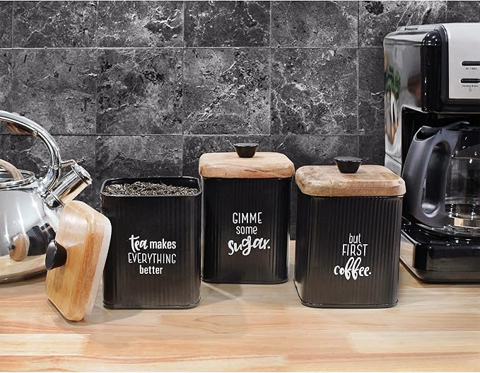 AuldHome Design Farmhouse Black Enamelware Canisters (Set of 3); Storage Containers for Coffee, Tea and Sugar in Black Enamel and Wood Design