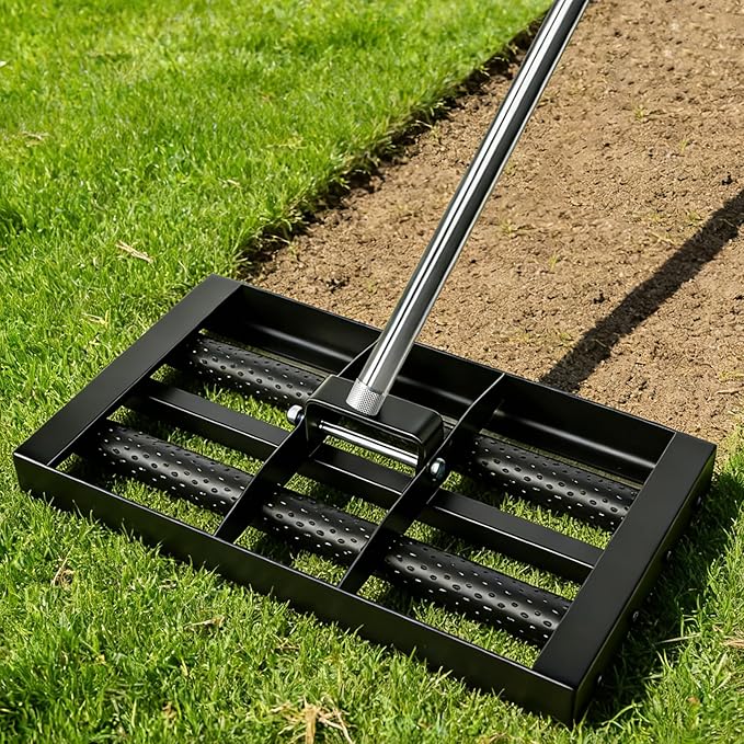Lawn Leveling Rake 17"×10", Stainless Steel Landscaping Tool with 8ft Adjustable Handle, Effort-Saving with 2 Rollers, Foldable Leveler Rake for Yard, Topsoil, Farm, Backyard, Black