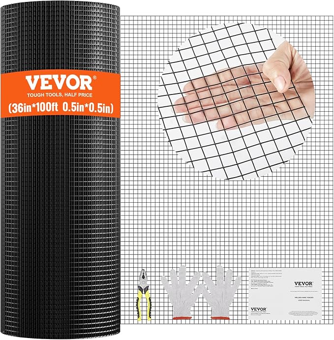 VEVOR Hardware Cloth, 36'' x 100' 1/2inch Galvanized Wire Mesh Roll, 19 Gauge Chicken Wire Fencing Roll, Vinyl Coating Metal Wire Mesh for Chicken Coop Barrier, Rabbit Snake Fences, Poultry Enclosures
