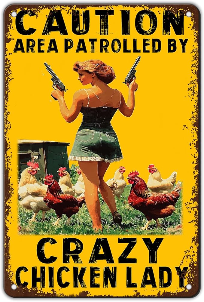 Funny Chicken Metal Sign Vintage Caution Area Patrolled By Crazy Chicken Lady Tin Signs Farm Coop Wall Decor Farmhouse Kitchen Home Garden Yard Hen Tin Poster 12x8 Inch