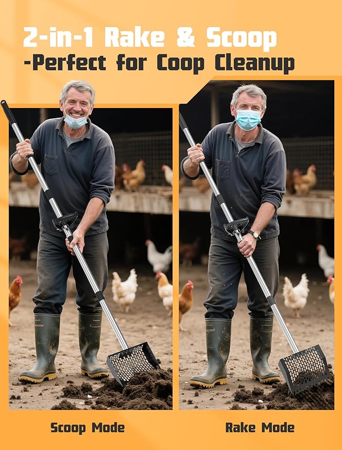 Chicken Poop Scooper & Rake, Metal Sifting Shovel 10" Wide Metal Head, Adjustable Handle to 74", Chicken Coop Scooper with Adjustable Handle for Chicken Coop & Pet Waste Cleaning