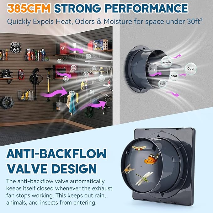 Solar Exhaust Fan with 25W Solar Panel, 6" Solar Powered Vent Fan for Chicken Coop, Greenhouse & Shed, 385 CFM Ventilation Fan with Anti-Backflow Valve, Quiet Brushless Outdoor Cooling