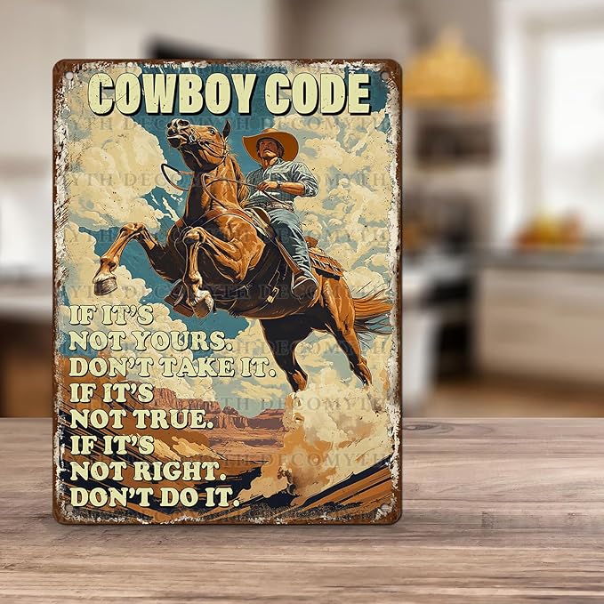 Retro Cowboy Riding Horse Cowboy Code Poster for Home Farm Outdoor Bathroom Restaurant Cafes Bars Club Kitchen Garage Cute Vintage Art Wall Decor 12 * 16inch