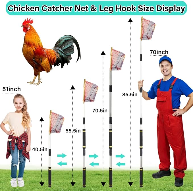 Chicken Catcher Net,37 to 93in Chicken Catcher Leg Hook Extra Long Handle Animal Catcher Pole Heavy Duty with Frosted Tube Extension Pole Poultry Hook Fowl Catcher (Silver 75in)