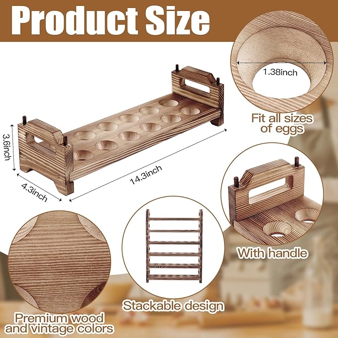 Maxcheck 6-Tier Stackable Wooden Egg Holder, Large Capacity for 72 Eggs, Countertop Storage Rack with Handles for Kitchen Organization and Fridge, Farmhouse Easter Egg Display