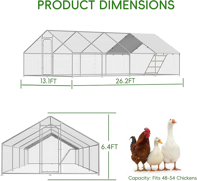 Large Metal Chicken Coop Run with Roosting Perch– Outdoor Waterproof & UV-Resistant Cover for Chickens, Ducks, Rabbits, and Hens in Yard or Farm Use Spire Roof(13.1'Wx26.2'Lx 6.5'H)