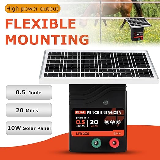 20 Miles Solar Electric Fence Charger, 0.5 Joule Portable Solar Fence Charger, Solar Electric Fence Kit, with 10W Solar Panel