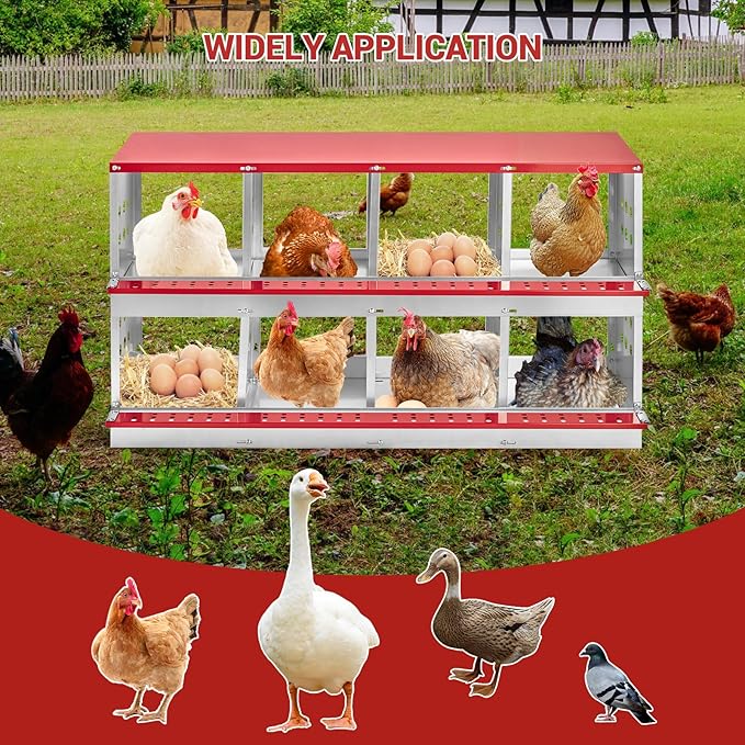 Heavy Duty Metal Chicken Nesting Box – 8 Compartments, Rollaway Egg Tray, Swing Perch, Easy Collection, Cleaning, Wall Mount, for Hens & Ducks, Without Cover-Red, 128×48×71cm