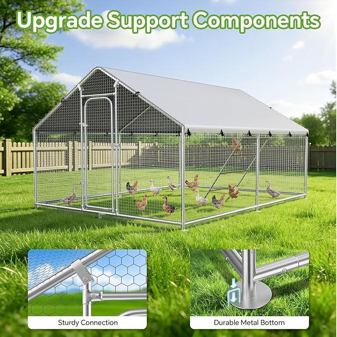 Large Metal Chicken Coop Run with Roosting Perch, Outdoor Poultry Cage with Heavy Duty Wire Mesh and UV-Resistant Cover for Chickens Use, Spire Roof (8.9'W x11.8'L x 6.6'H)