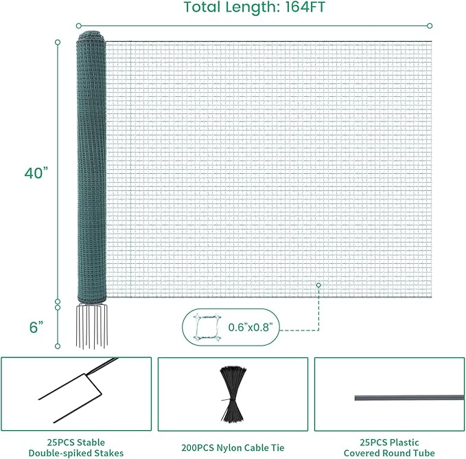 Non Electric Fence Netting 40" x164', Boundary Fence with Double Spiked Posts, Portable Poultry Fence All-Purpose Fencing for Dogs, Chickens, Ducks, Turkeys Suitable in Backyard, Garden, Farm