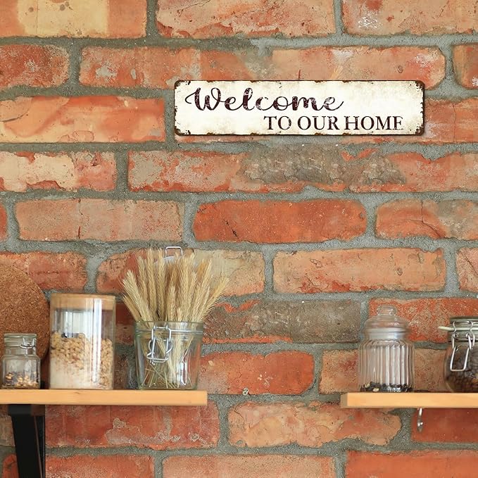 Outdoor Metal Welcome Sign - Welcome to Our Home - 16"x4" Weather-Resistant Front Door Decor - Rustic Porch Sign for Housewarming Gifts, Garden, Farmhouse - Country-Style Durable Metal Wall Art