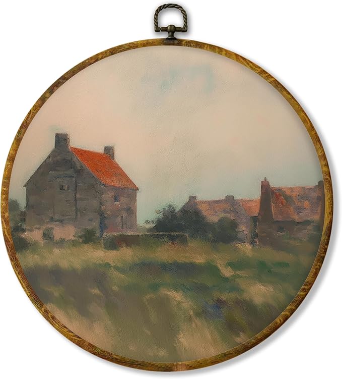 Hiuwevt Vintage Farmhouse Landscape Round Wall Art Decor, Moody French Country Framed Canvas Prints, Rustic Cottagecore Countryside Round Wall Hanging Decor for Home Bedroom Decorations, 10x10 Inches