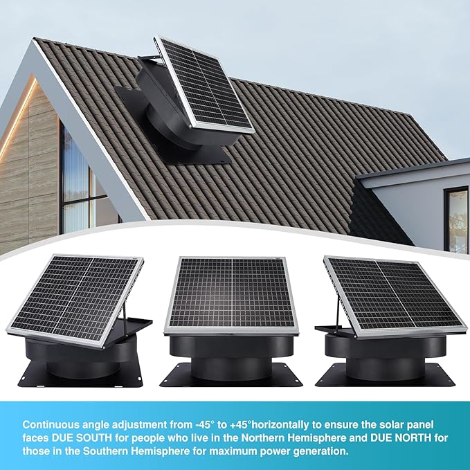 Solar Attic Fan 30W Controller-Free Auto Ventilates Up to 2800 Sq Ft, Solar Roof Vent with 5-Blade Alloy Fan & Adjustable Panel for Home, Garage