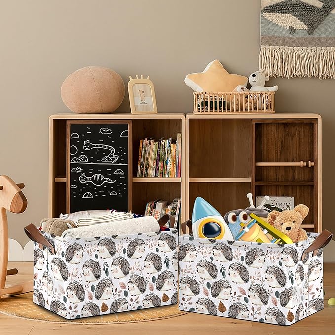 Cute Hedgehog Storage Basket,Leaf Collapsible Storage Bin Cubes for Living Room Bedroom Blankets Home Storage 17x11.5x10Inch