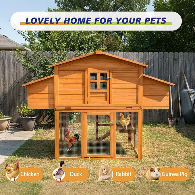 Pavilion 70" Large Outdoor Wood Chicken Coop for 6-8 Hens, with 2 Nesting Boxes, Leakproof Pull-Out Tray & PVC Curtains, Secure Walk-in Run with UV-Resistant Roof for Backyard Poultry