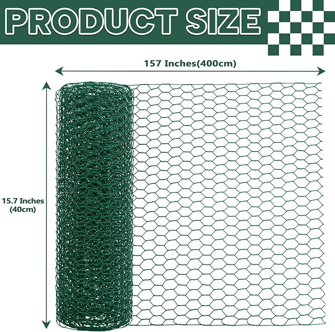 15.7” x 157” Chicken Wire for Floral Arrangements, 0.6” Hexagonal PVC Coated Galvanized Chicken Wire Mesh, Green Lightweight Fencing Wire for Garden