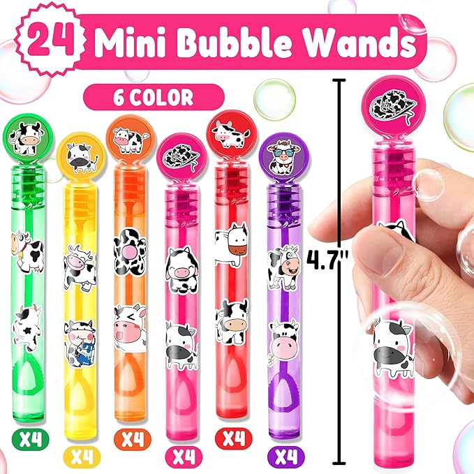 Cow Party Favors for Kids – 24PCS Farm-Themed Mini Bubble Wands, Great for Birthday Supplies, Pinata Fillers, Goodie Bags & Classroom Rewards