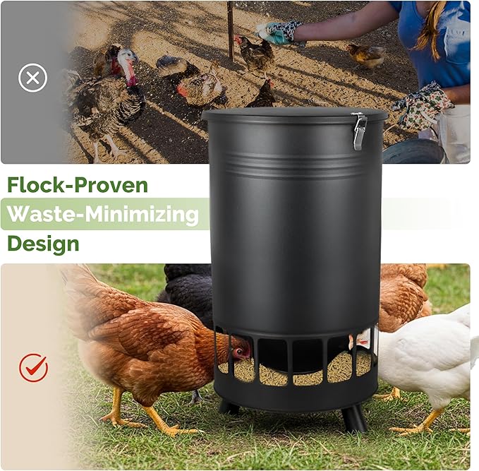 Solution4Patio 65 LB Large Chicken Feeder No-Waste, Portable Gravity Chicken Feeder Automatic, Dispenser, 16 Feeding Ports Poultry Feeder, Hen Coop (Black)