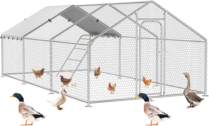 Large Metal Chicken Coop with Waterproof and UV-Resistant Cover,Chicken Run Outdoor Walk-in Cage Rabbit Duck Hen House for Yard Farm Use Spire Roof(10' L x 14.8' W x 6.4' H)