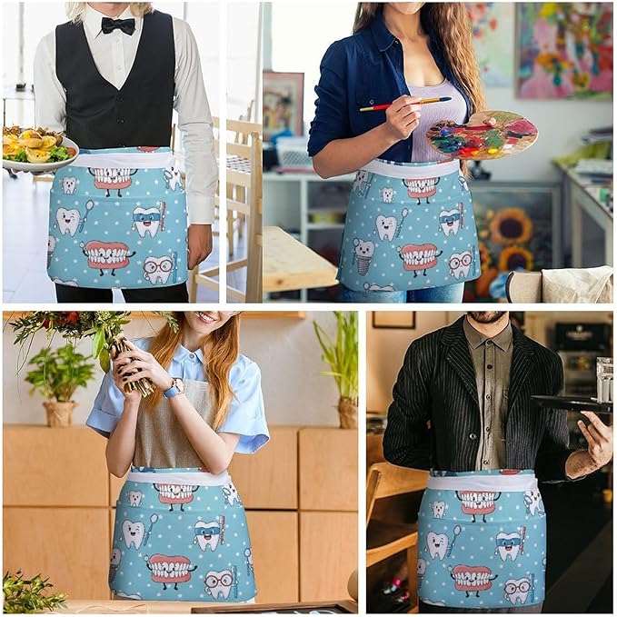 Unisex Chef Waiter Apron Waist Half Short Serving Aprons with 3 Pockets