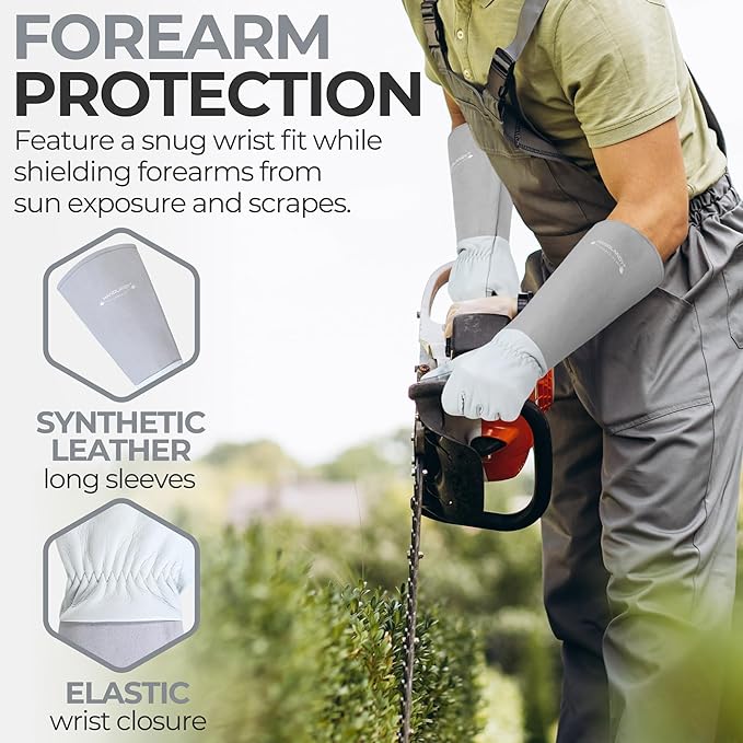 HANDLANDY Long Gardening Gloves for Men & Women, Thorn Proof Rose Pruning Gloves Leather Gauntlets Garden Glove Yard Work Glove (Silver Gray, Medium)