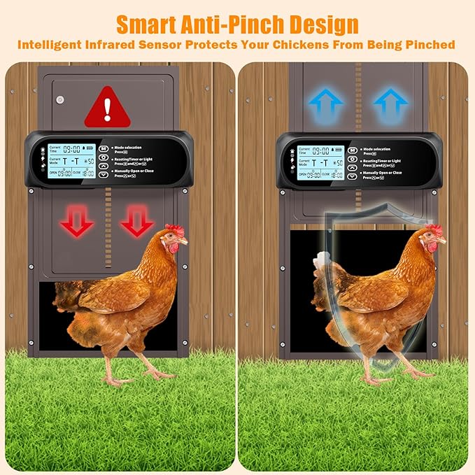 Automatic Chicken Coop Door Solar Powered, LCD Screen Electric Auto Chicken Coop Door with Timer & Light Sensor, Aluminum Rechargeable Automatic Chicken Door Opener with Remote Control & 4 Modes