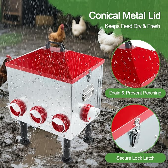 Large Automatic Chicken Feeder, 55LBS Chicken Feed Dispenser with Lid, 8 Feeding Ports, Adjustable Legs, Rodent Free, Waterproof Outdoor Metal Poultry Feeder
