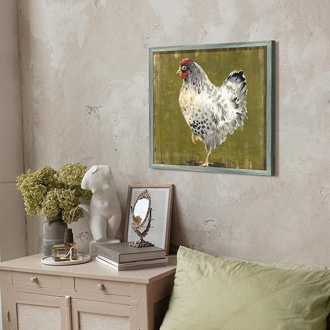 Farmhouse Wall Art Kitchen Picture: Farm Animal Wooden Framed Print Rustic Country Chicken Hen Artwork Painting Decor for Bedroom Bathroom Living Room 16 x 16 Inches