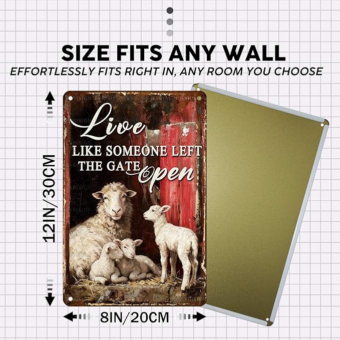 Vintage Sheep Tin Sign Live Like Someone Left The Gate Open Retro Farm Life Metal Sign Nostalgic Rustic Wall Decor Decorations for Home Outdoor Farmhouse Bedroom Cafe Kitchen 12 * 8In
