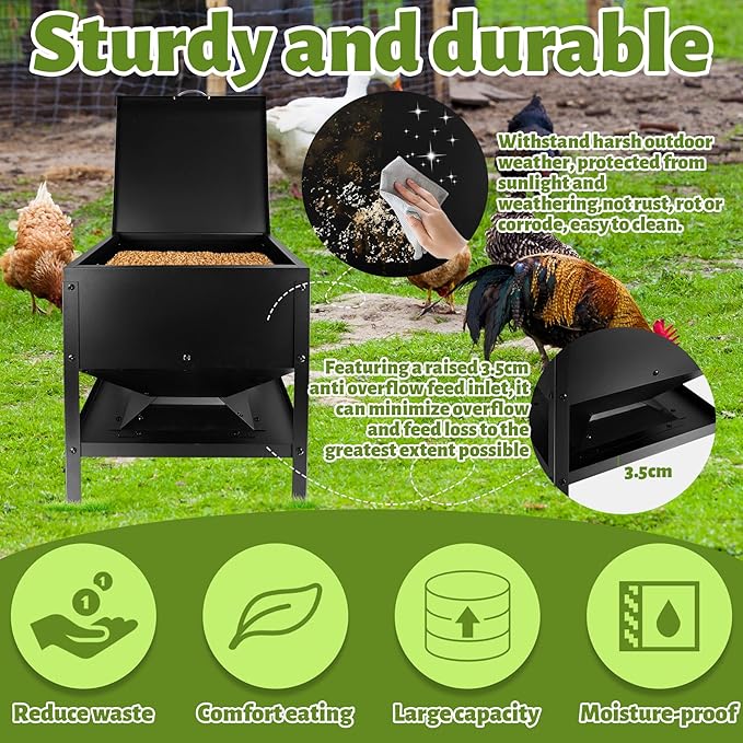 All Metal Chicken Feeder 80LB No Waste Automatic Chicken Feeder Galvanized Steel Chicken Feeding Box Portable Poultry Feeder with Waterproof Lid and Handle for Chickens Ducks and Goose