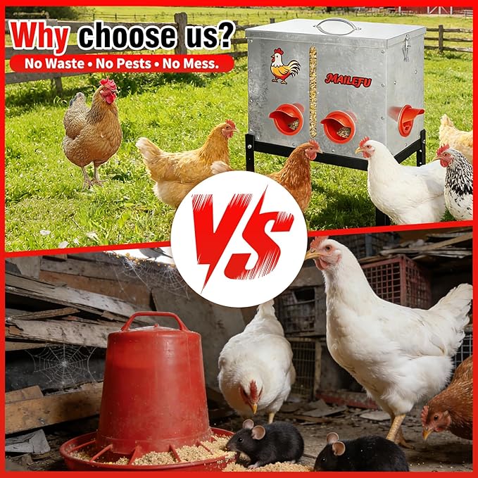 Automatic Chicken Feeder 40LB, Large Metal Poultry Feeder No Waste Design, Rat Rodent Proof Chicken Feeder with Locking Lid, Visual Window & Adjustable Legs, Weatherproof Chicken Coop Feeder