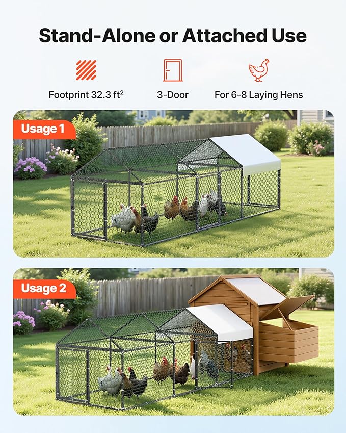 VEVOR Metal Chicken Coop for 6-8 Chickens, 3.3 x 9.8 x 3.3 ft, Small Chicken Cage with Waterproof Cover & 3 Doors, Spire Roof Poultry Run Compatible with Wooden Coops, for Rabbit Hen Goose Duck
