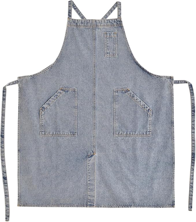 Cotton Denim Apron Soft - Unisex Adjustable Bib Apron with 5-Pockets Perfect for Kitchens