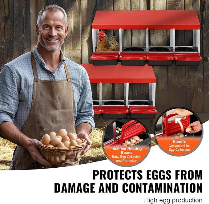 VEVOR Chicken Nest Box, 4-Compartment, 15 to 30 in Stable & Corrosion-Resistant Metal Nesting Boxes with Inclined Nesting Boxes, Bottom Holes & Resting Platform, Fit for Different Chicken Breeds