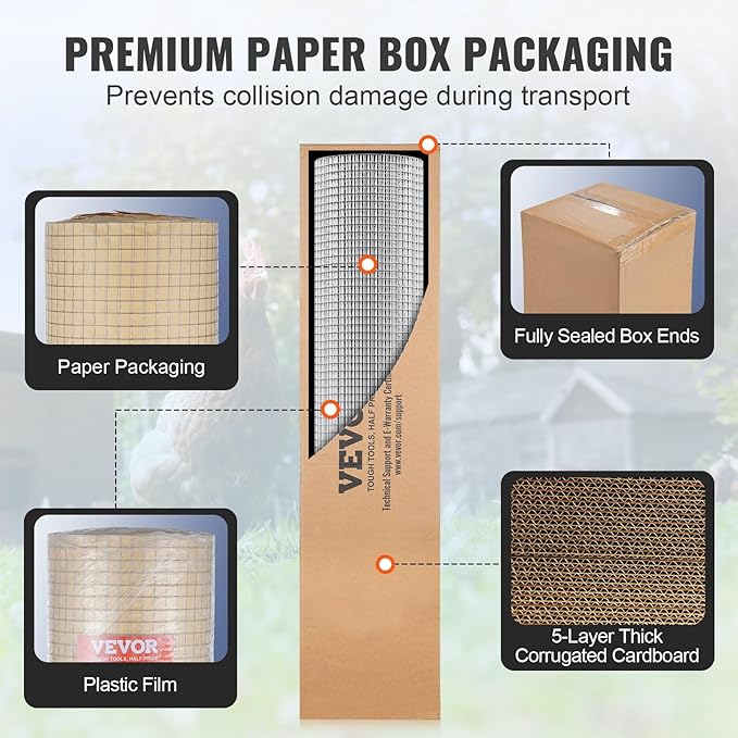 VEVOR Hardware Cloth, 1/2 inch 36in x 50 ft 19 Gauge, Hot Dipped Galvanized Wire Mesh Roll, Chicken Wire Fencing, Wire Mesh for Rabbit Cages, Garden, Small Rodents