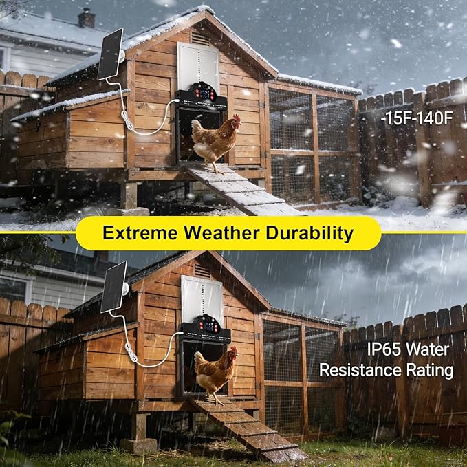 Solar Powered Automatic Chicken Coop Door with 2K Camera, 10m Night Vision Alarm, IP65 Wireless Auto Opener, 6-Month Battery Life, APP Control & 2-Way Audio, Anti-Pinch Safety Design