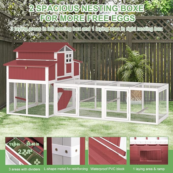 115.36" L 2-Story Chicken Coop with Extra Run Cage,Chicken House Hen House with 2 Large Nesting Boxes,Expandable Poultry Cage for 4-6 Chicken with 4 Perching Bars,Pull-Out Tray,Ramps(RED)