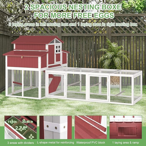 115.36" L 2-Story Chicken Coop with Extra Run Cage,Chicken House Hen House with 2 Large Nesting Boxes,Expandable Poultry Cage for 4-6 Chicken with 4 Perching Bars,Pull-Out Tray,Ramps(RED)
