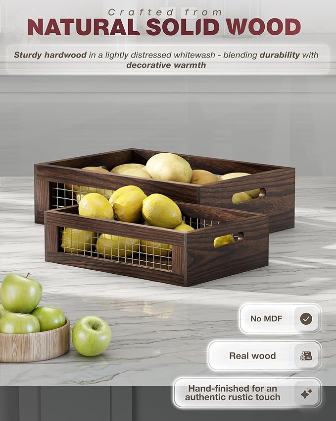 Wooden Countertop Baskets Set of 2 for Kitchen, Pantry|Wall Mount Upgrade with Full Accessories| Rustic Nesting Boxes|Wooden Organizer Crates for Vegetables, Produce, Bread