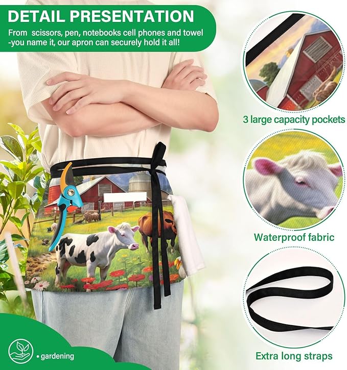 Farmhouse Animals Waist Apron with 3 Pockets Water & Oil Resistant Short Waiter Apron Server Waitress Half Apron for Cooking Gardening