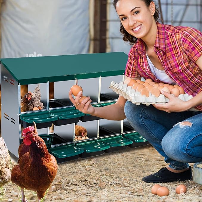 10 Compartment Metal Chicken Nesting Box, Automatic Roll-Out Egg Collection, Waterproof Galvanized Steel Laying Box, for Hens Ducks Rabbits, Green